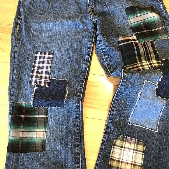 Flannel Patchwork Jeans, 8: Upcycled Flared Grunge Hippie Jeans, Funky Pants - Picture 13 of 15